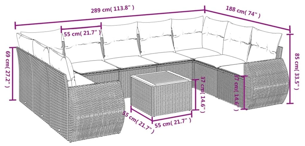 Set Divani da Giardino 10pz con Cuscini in Polyrattan Nero