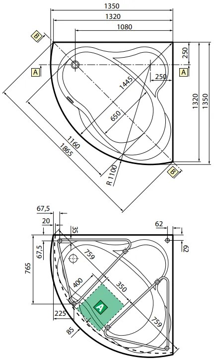 Vasca angolare 135x135 simmetrica semicircolare con colonna di scarico telaio ed 1 pannello bianco Una Novellini