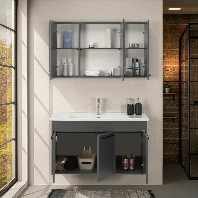 Mobile bagno sospeso 100 cm grigio effetto legno con armadietto a specchio Sofia