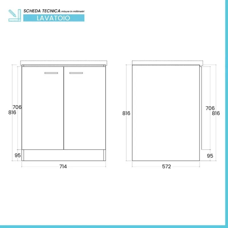 Mobile lavatoio 75x61 cm a due ante con vasca in ceramica Revine