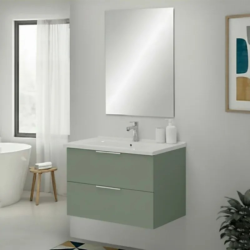 Mobile bagno sospeso 80cm verde opaco con cassetti lavabo e specchio Elva