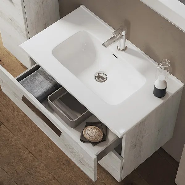 Mobile bagno sospeso 82 cm base 2 cassetti con lavabo ANGELA1 Quercia Bianco