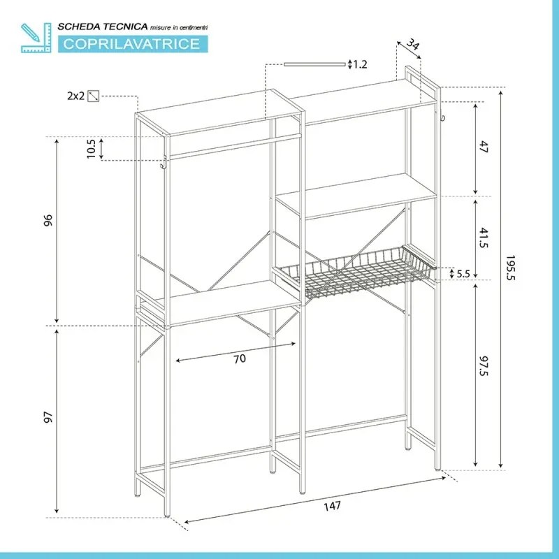 Scaffale sopra lavatrice bianco con ripiani e cestello in kit di montaggio