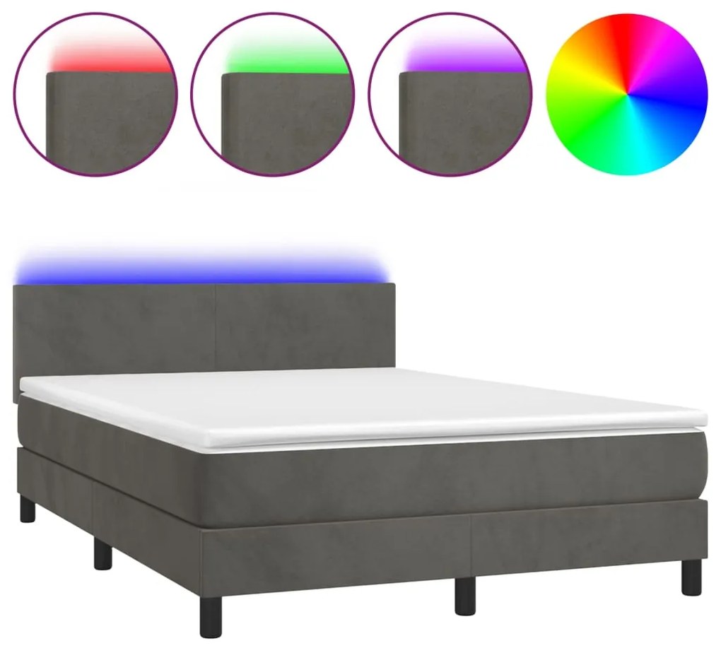 Letto a Molle con Materasso e LED Grigio Scuro 140x200 cm