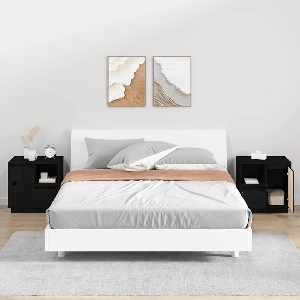 Comodini 2 Pz Neri 50x34x50 Cm İn Legno Massello Di Pino /