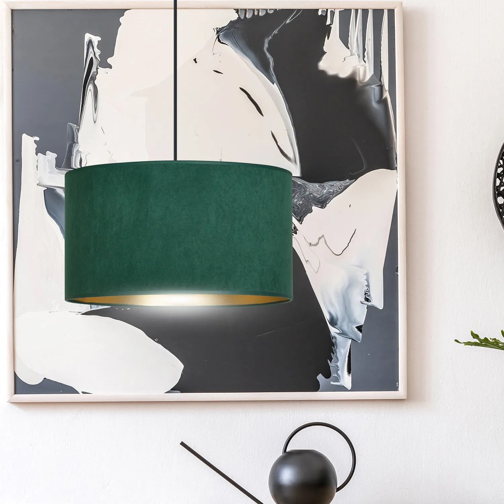 Sospensione 1 Luce Ganesha In Acciaio Nero E Paralume In Tessuto Verde