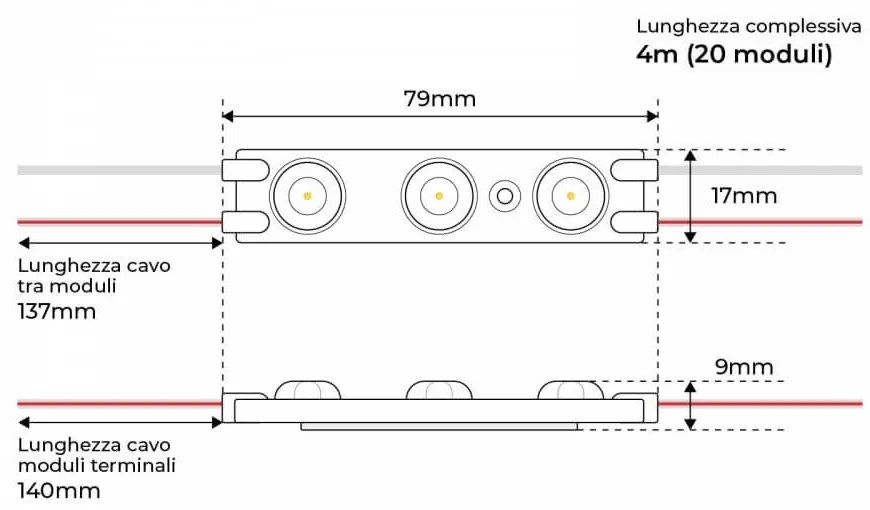 Catena da 20 moduli da 1.5W 12VDC, IP67 da 125lm/W Colore  Bianco Caldo 2.700K