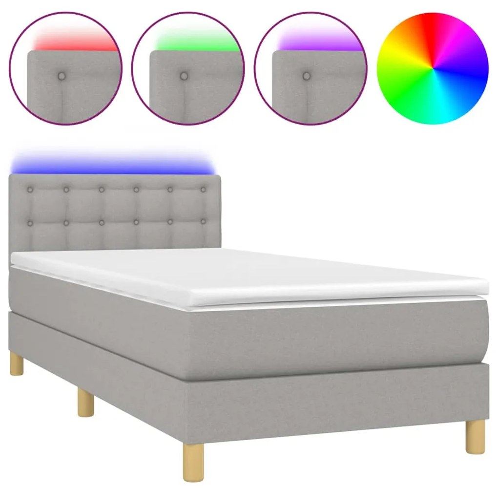 Letto a molle materasso e led grigio chiaro 90x190 cm tessuto