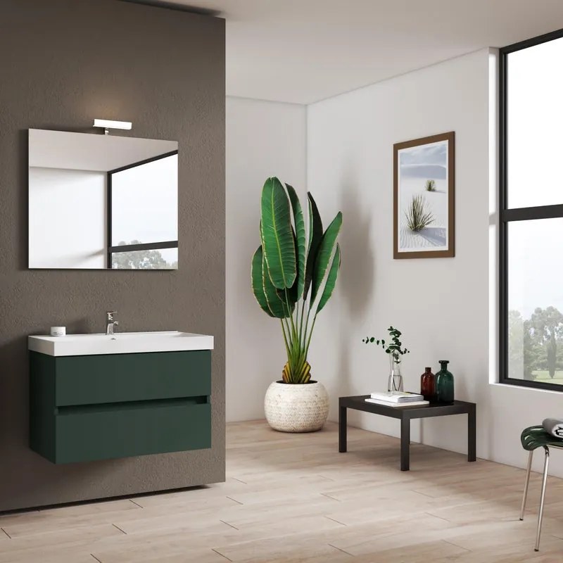 Mobile bagno sospeso con lavabo L 79.5 x H 50 x P 45.5 cm laccato opaco verde foresta 2 cassetti per vasca centrale Kora