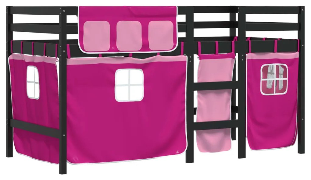 Letto a soppalco con tende bambini rosa 80x200 cm massello pino