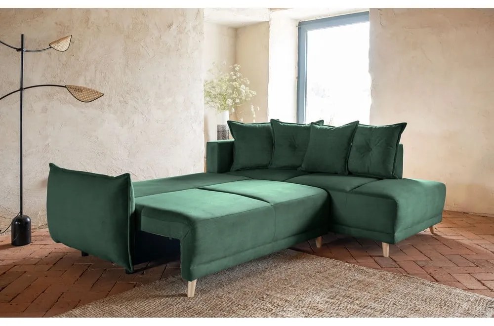 Divano letto in velluto a coste verde (angolo destro) Lazy Lukka - Miuform