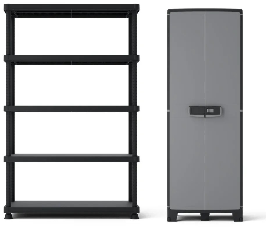 Armadio alto +1 scaffale, Excellence SPACEO in resina, grigio chiaro e nero L 185 x H 187.5 x P 45 cm 2 ante, adatto per interno/esterno