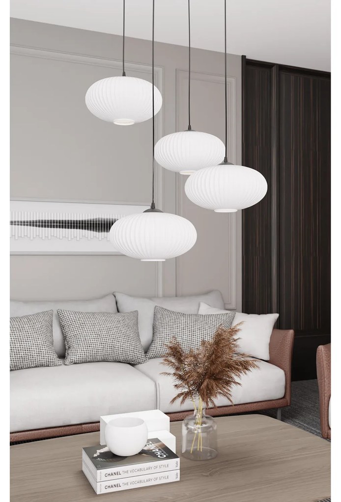Lampadario 4 Luci Iris Base Tonda In Acciaio Nero Paralume Plissettato Bianco