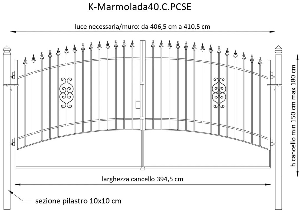 Cancello manuale con serratura elettrica Marmolada in ferro, apertura centrale, L 408.5, H 165-195 cm, di colore ruggine