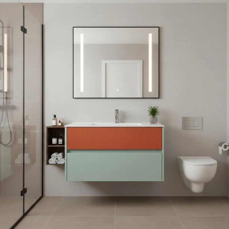 Mobile da bagno sospeso sotto lavabo Niwa 2 cassetti L 89.5 x H 50 x P 45.5 cm verde e paprika cannettato