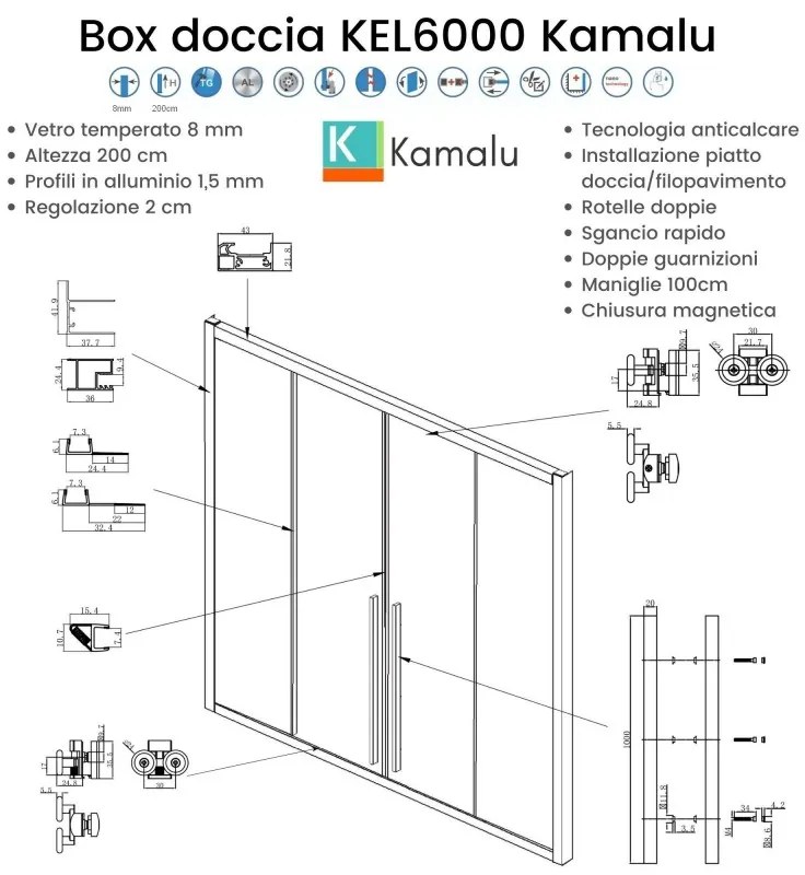 Kamalu - Box doccia 80x180 doppio scorrevole angolare vetro 8 mm anticalcare | KEL6000