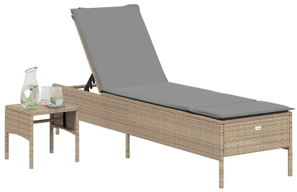 Lettino prendisole con tavolo e cuscino beige in polyrattan