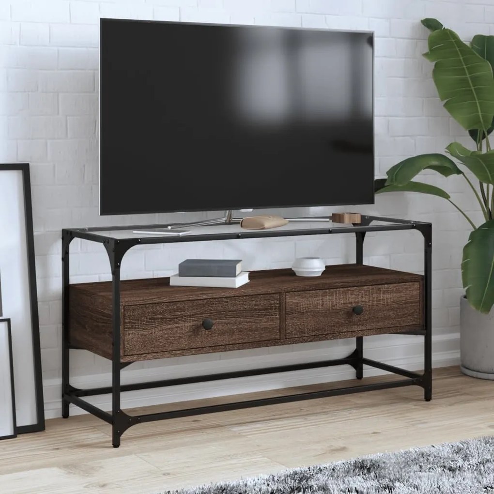 Mobile Tv Piano Vetro Rovere Marrone 98x35x51 Legno Multistrato /
