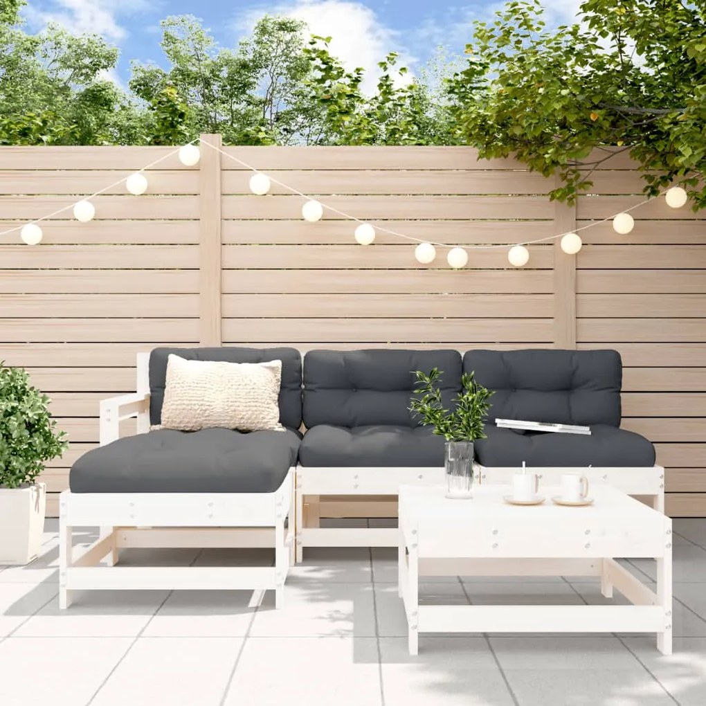 Set divani da giardino 5pz con cuscini in legno massello bianco