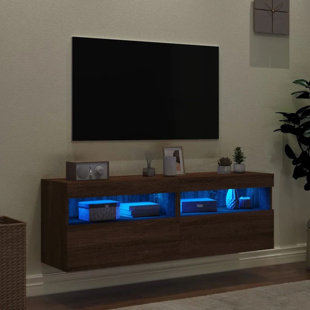 Mobili tv a parete con luci led 2pz rovere marrone 60x30x40 cm