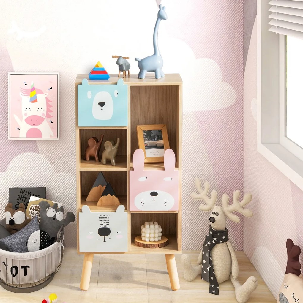 Costway Libreria per bambini con 3 cassetti scomparti aperti per giocattoli libri, Mobile portagiochi 40x25x83cm Naturale