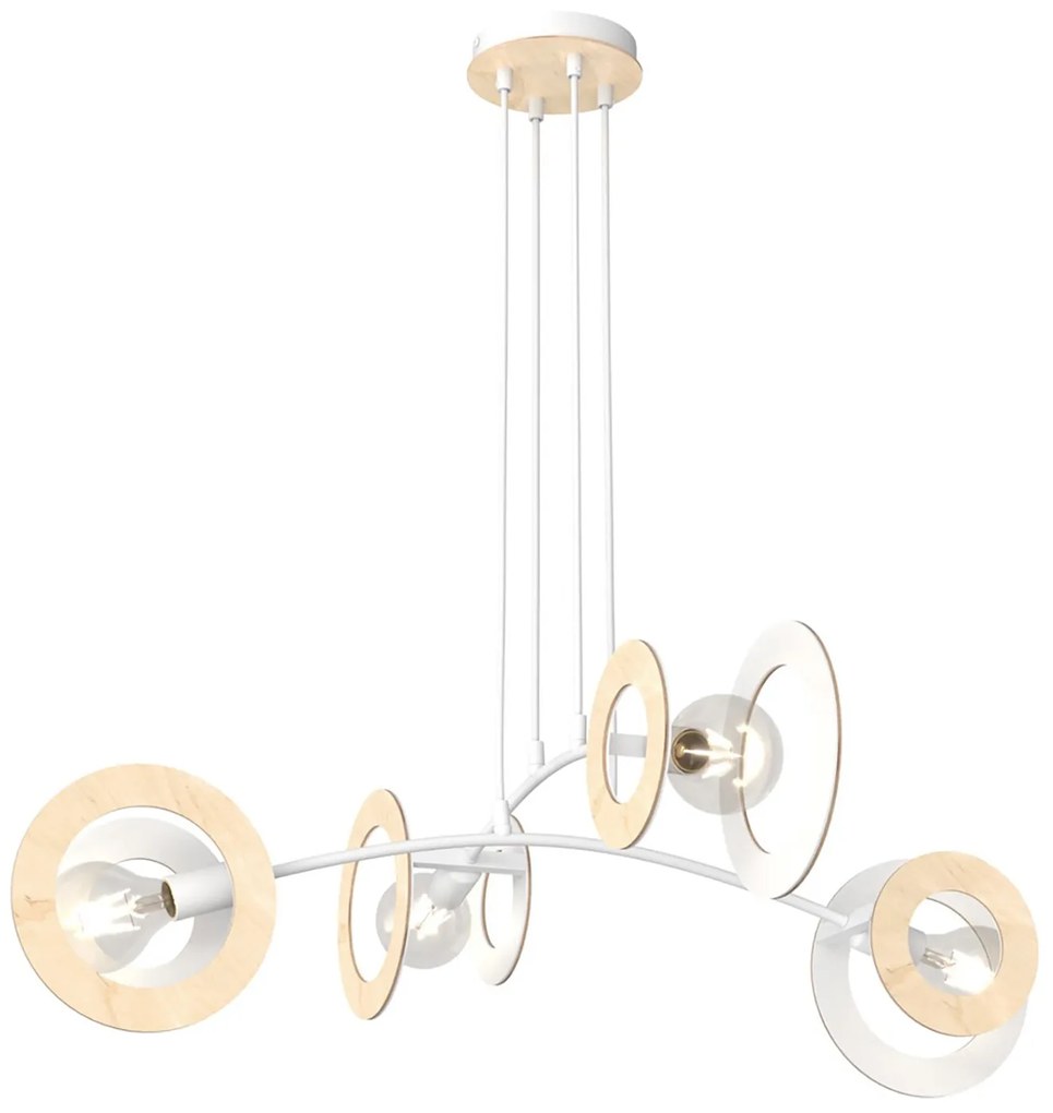 Lampadario 4 Luci Rea Acciaio Bianco Legno Naturale E Diffusori Doppio Cerchio