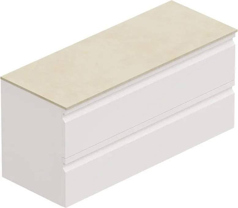 Mobile Pull L120 H55 P45 bianco opaco laccato 2 cassetti a chiusura ammortizzata e top Creta gres bianco per lavabo in appoggio, piedini non inclusi