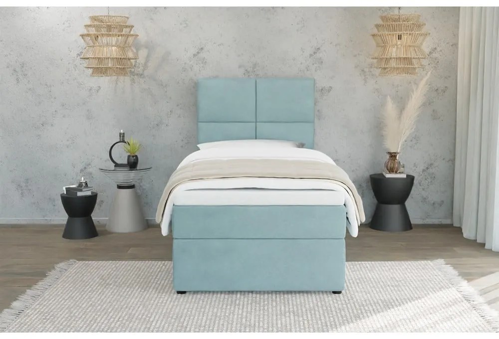 Letto singolo imbottito con contenitore azzurro con materasso e topper inclusi 100x200 cm Lena – Ropez