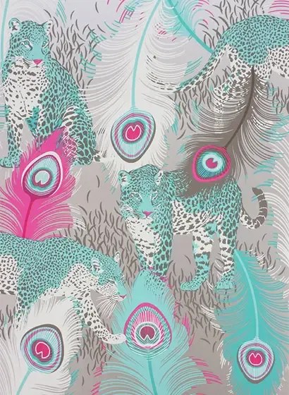 Matthew Williamson Carta da parati Leopardo - Metallic Gilver/ Jade/ Cerise