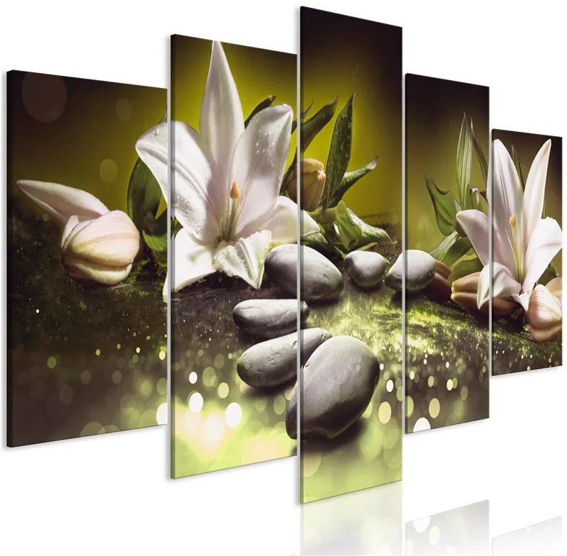 Quadro  Lilies and Stones (5 Parts) Wide Green  Colore Grigio, Dimensioni e Misure 200x100