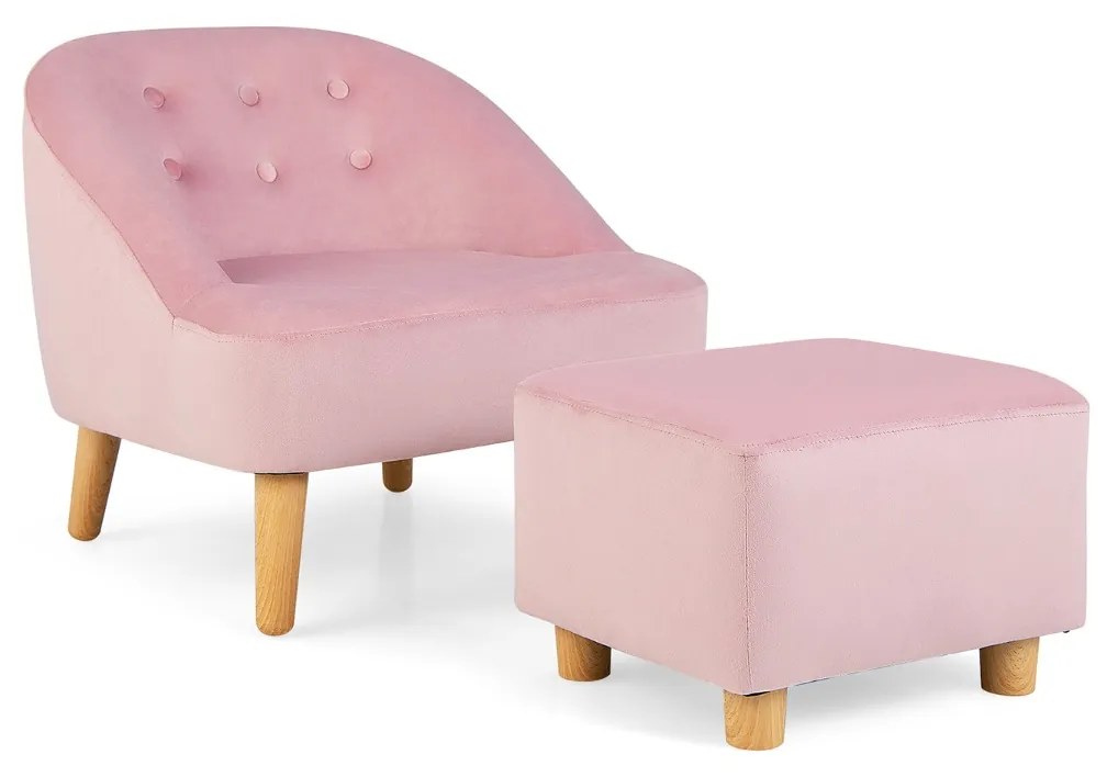 Costway Poltrona singola con sgabello abbinato per bambini in velluto olandese, Set di divano e pouf per la stanza Rosa