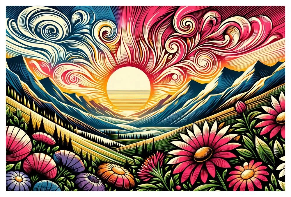 Quadro su tela – Paesaggio luminoso con fiori e sole