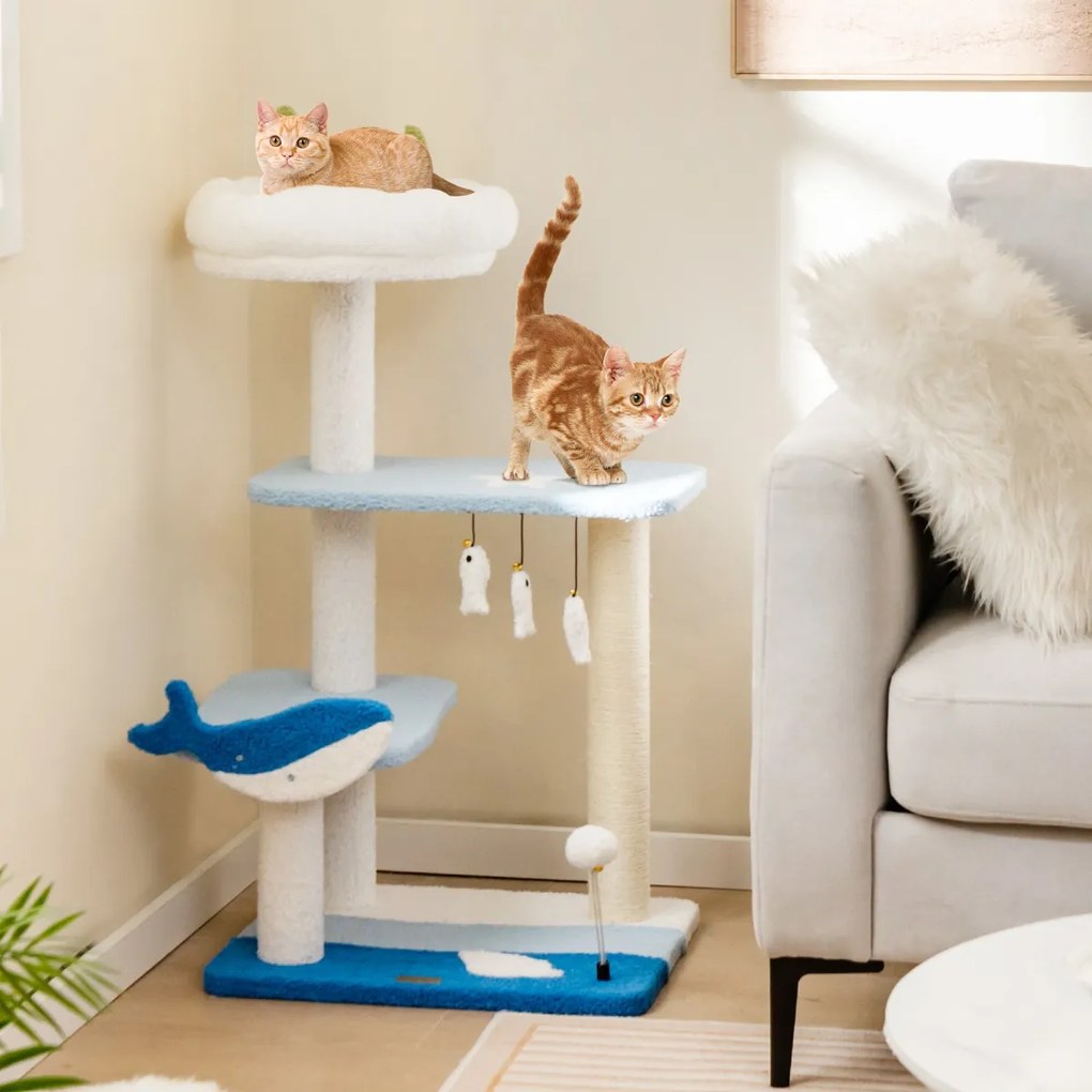 Costway Albero per gatti a tema oceanico con pali tiragraffi rivestiti in sisal, Torre per gatti a 3 livelli 49x38x86cm Blu