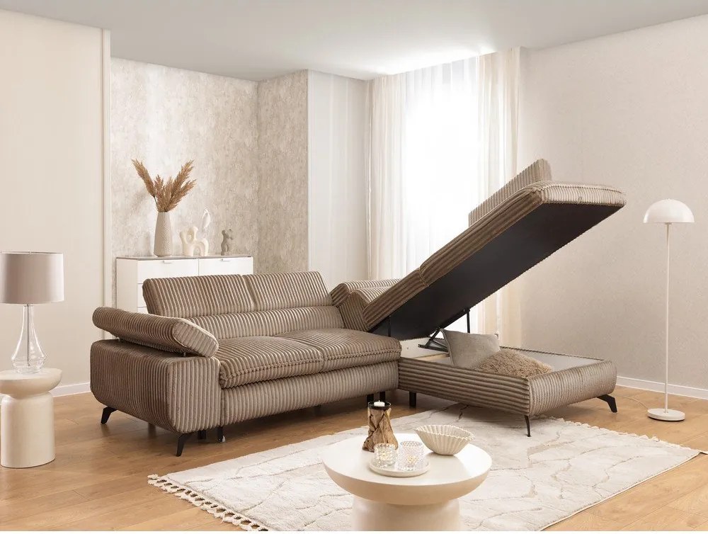 Divano angolare marrone (con penisola a destra/a L) con rivestimento in velluto a coste Marbeya – Ropez