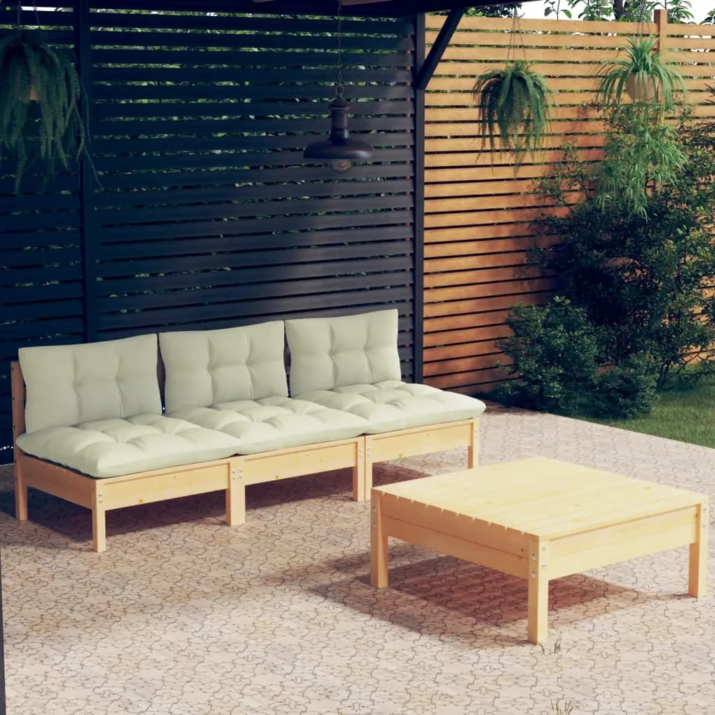 Set divani da giardino 4 pz con cuscini crema massello di pino