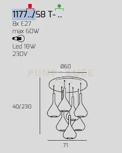 Sospensione ottone sat. 8 luci tonda vetri verde 1177os-s8 t-ve