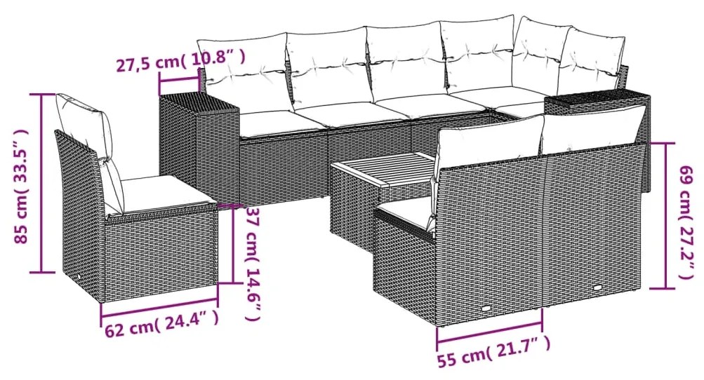 Set Divani da Giardino 9 pz con Cuscini Nero in Polyrattan