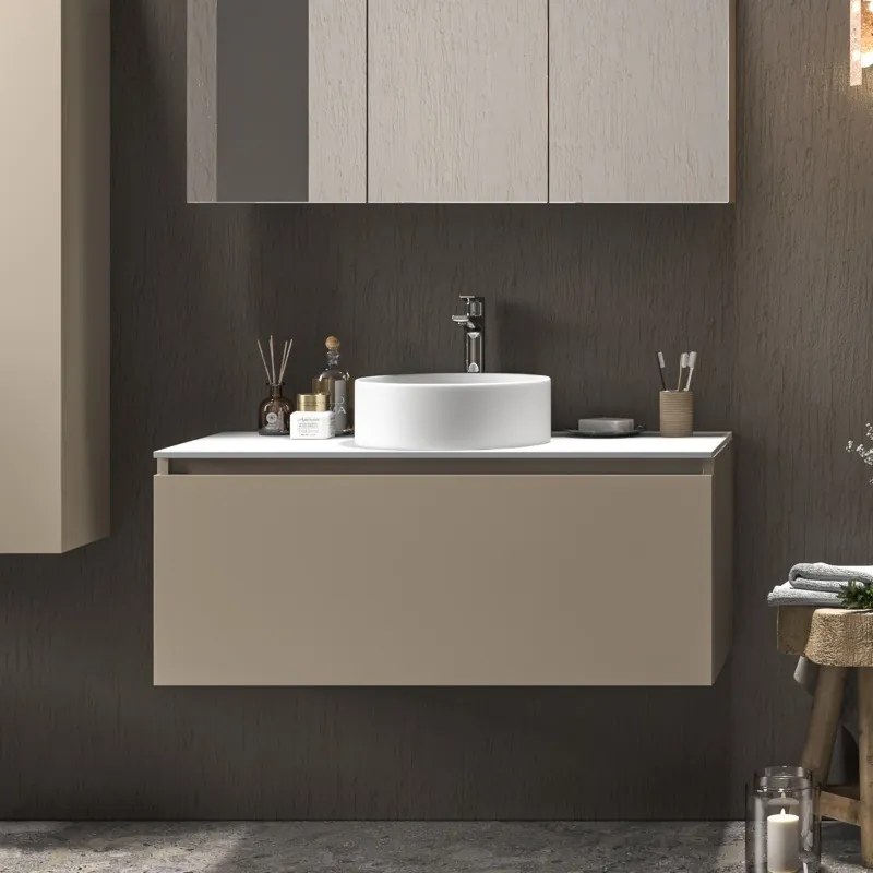 Mobile bagno 100 cm sospeso con piano da appoggio in solid surface bianco SP-100C - KAMALU