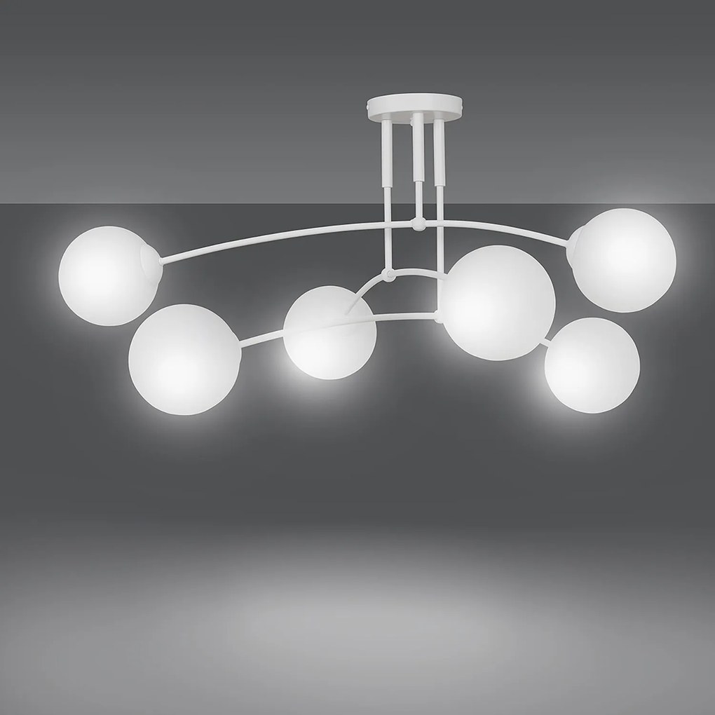 Plafoniera Moderna 6 Luci Susanoo In Acciaio Bianco E Vetri A Sfera In Bianco