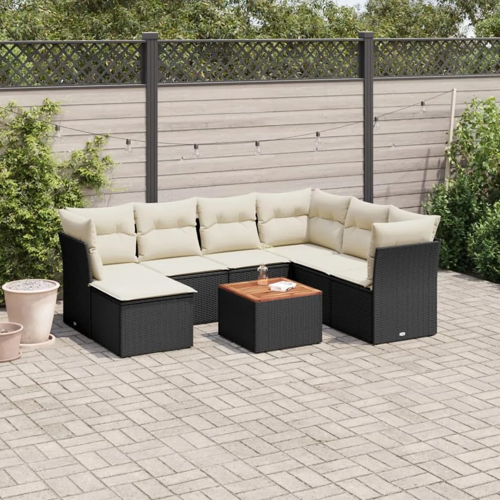 Set divani da giardino con cuscini 8 pz nero in polyrattan