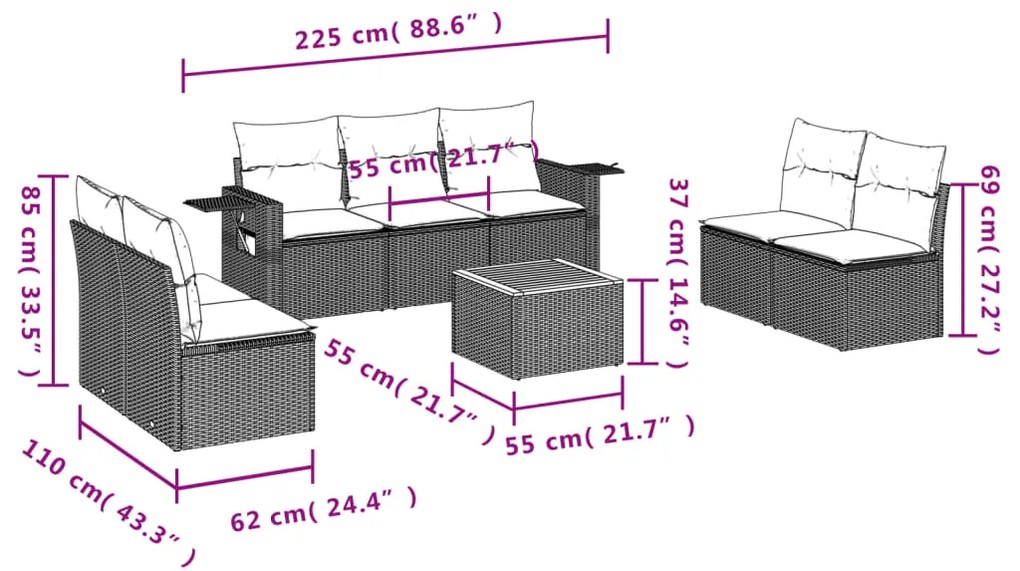 Set divani da giardino con cuscini 8 pz nero in polyrattan
