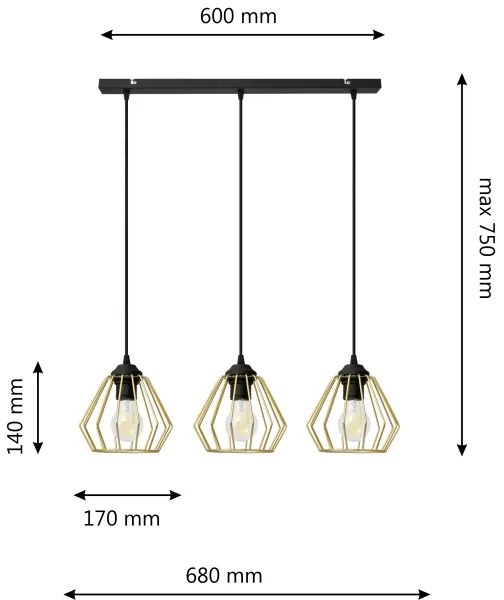 Lampadario a sospensione con filo AGAT 3xE27/15W/230V oro/nero