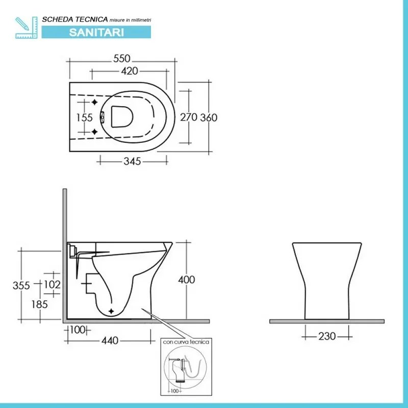 Wc filo muro nero opaco rimless in ceramica serie Feeling