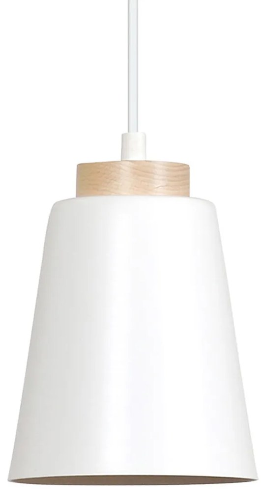 Sospensione 1 Luce Lancillotto A Cono In Acciaio Bianco E Legno Naturale
