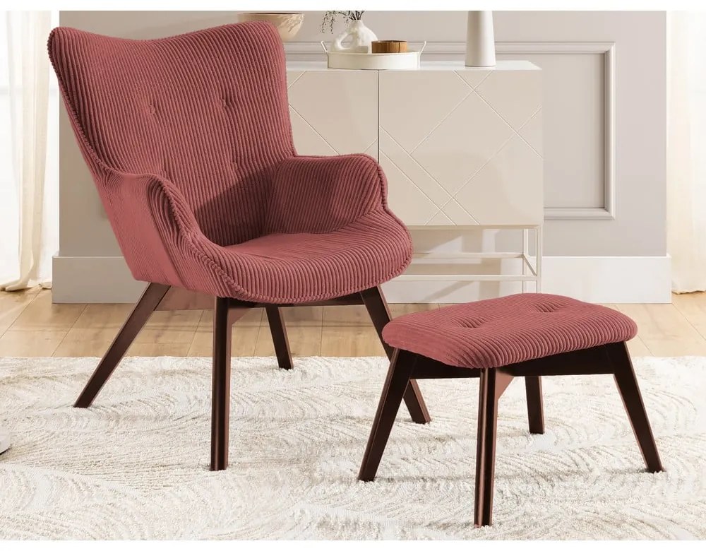 Poltrona con poggiapiedi rossa con rivestimento in velluto a coste Niko – Ropez