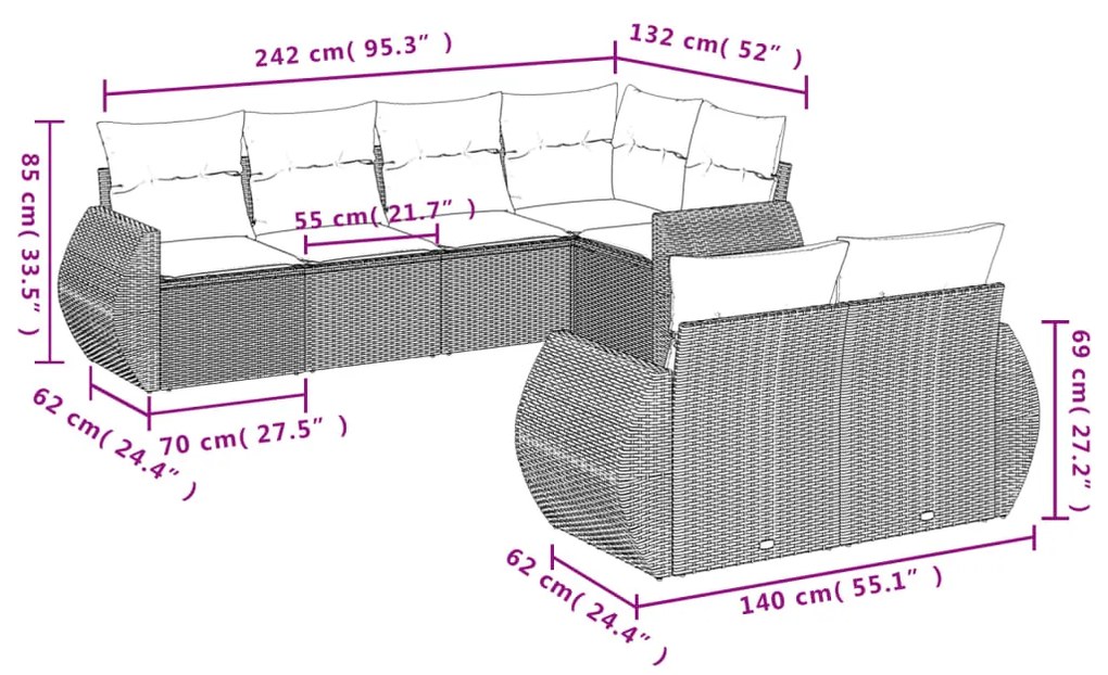 Set divani da giardino 7pz con cuscini grigio chiaro polyrattan