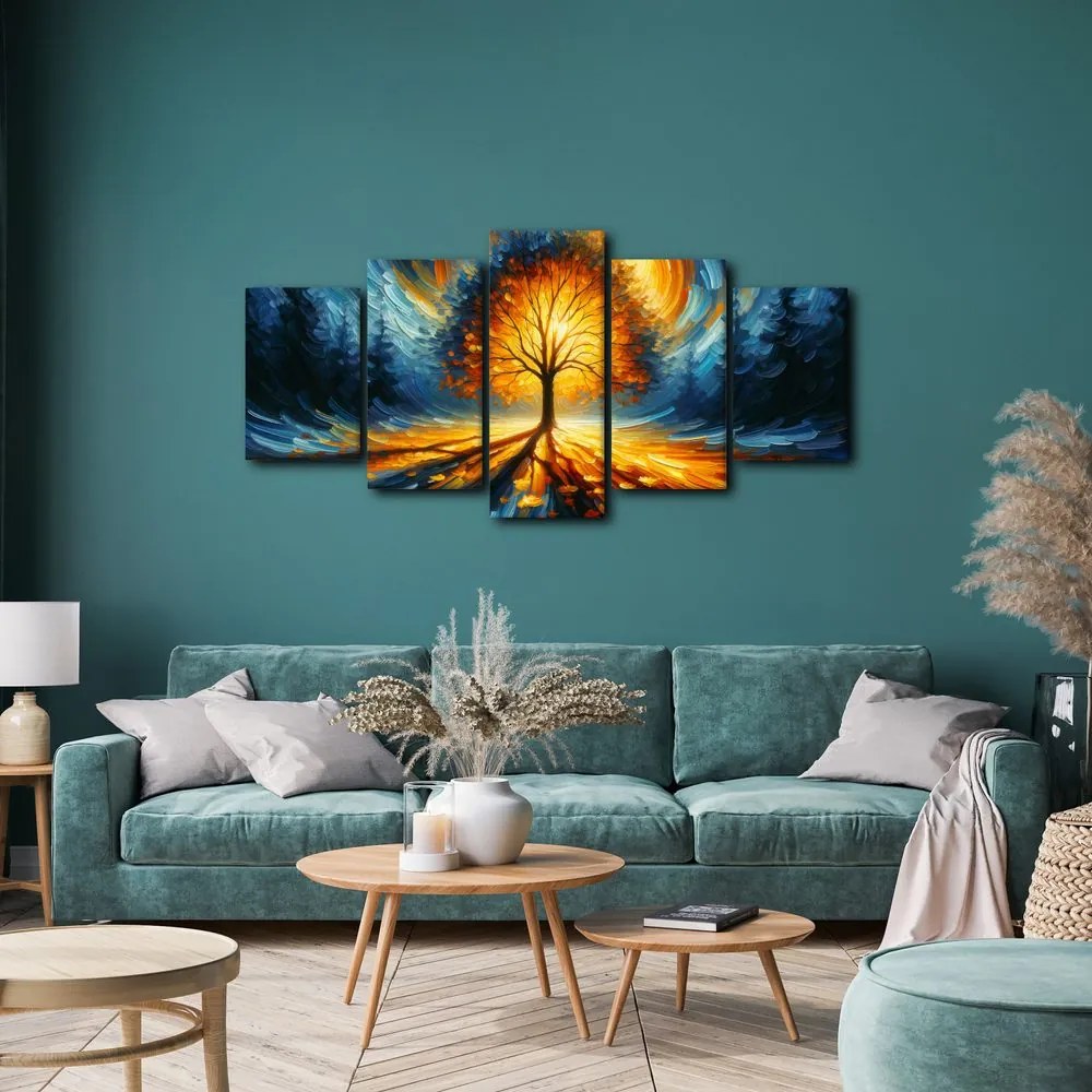 Quadri 5 pezzi – Albero della vita luminoso nei toni infuocati