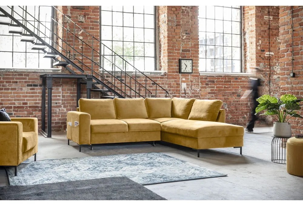 Divano letto angolare in velluto giallo (angolo destro) Lofty Lilly - Miuform