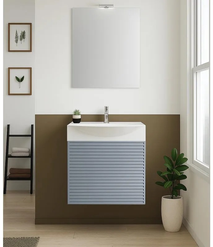 Mobile bagno sospeso con lavabo e specchio e illuminazione L 50 x H 58 x P 40 cm laccato opaco indaco, 1 anta per vasca centrale Mini50s