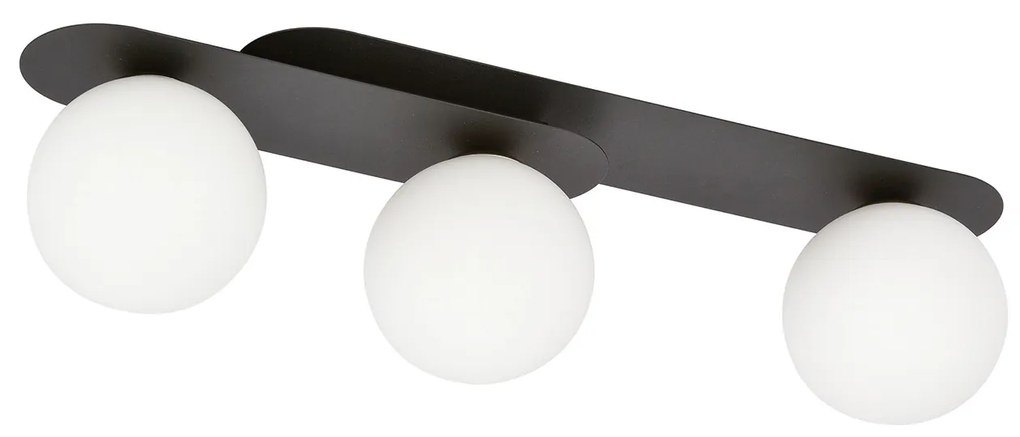 Plafoniera Minimal 3 Luci Teia In Acciaio Nero E Sfere Vetro Opale